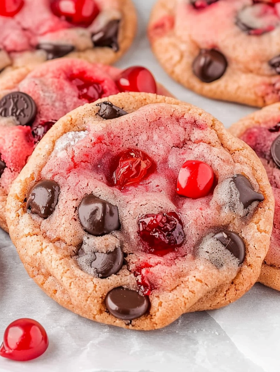 Close-up of cookie with cherry and chocolate