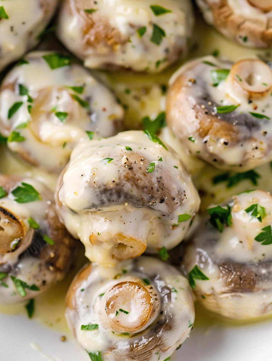 Creamy garlic Parmesan mushrooms in a skillet
