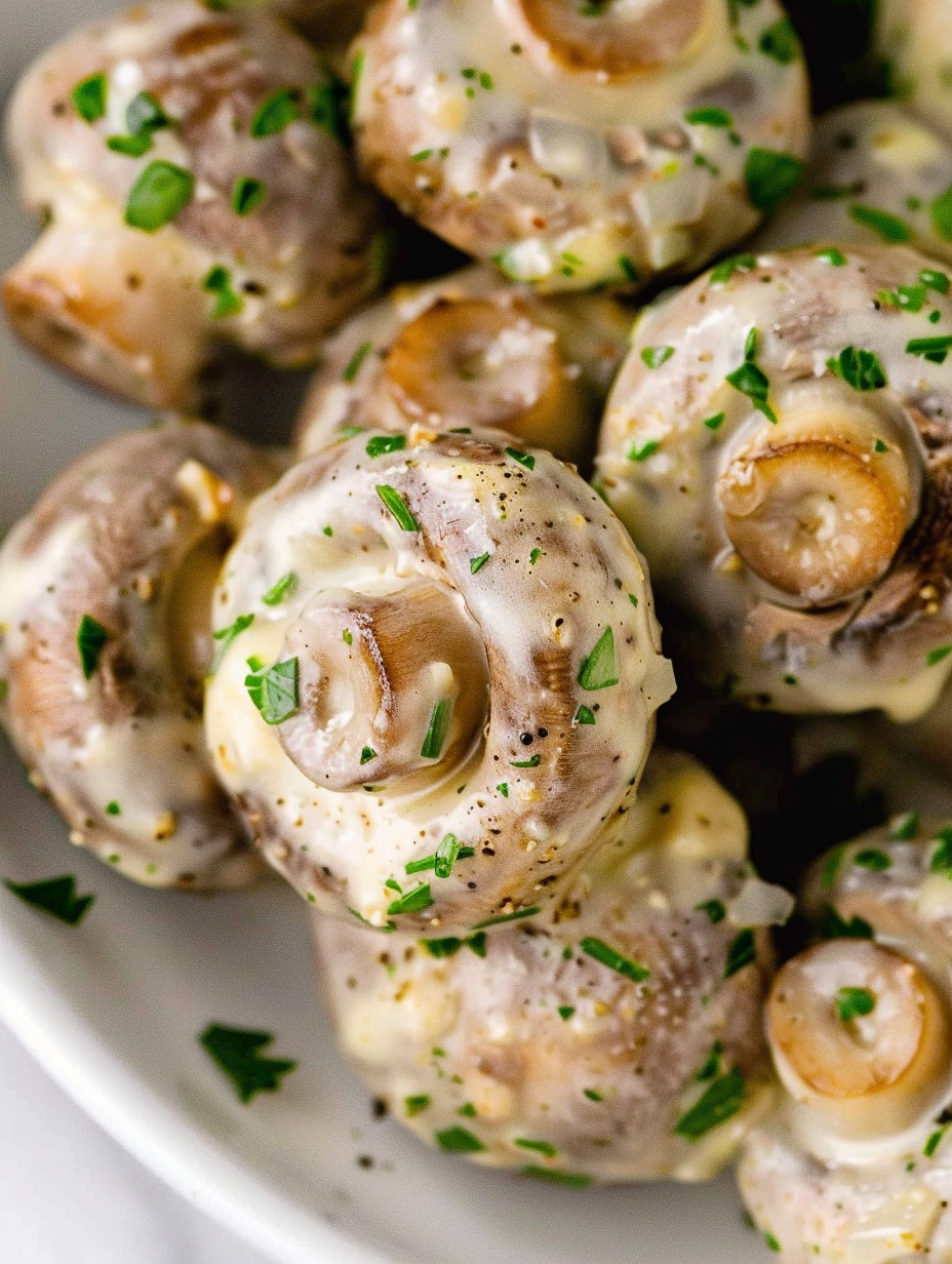 Plated garlic Parmesan mushrooms with parsley garnish