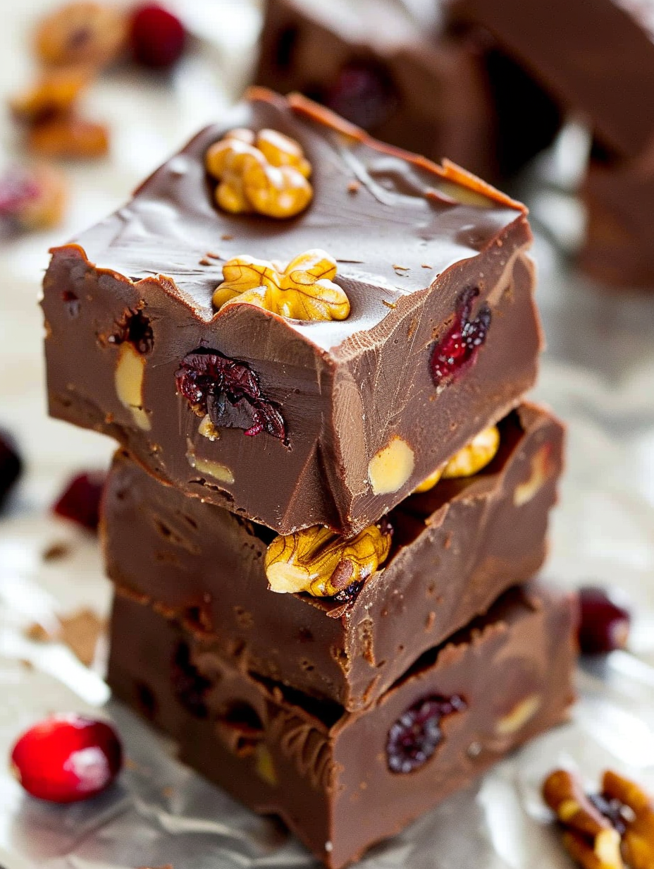 Sliced fudge squares with walnuts and cranberries
