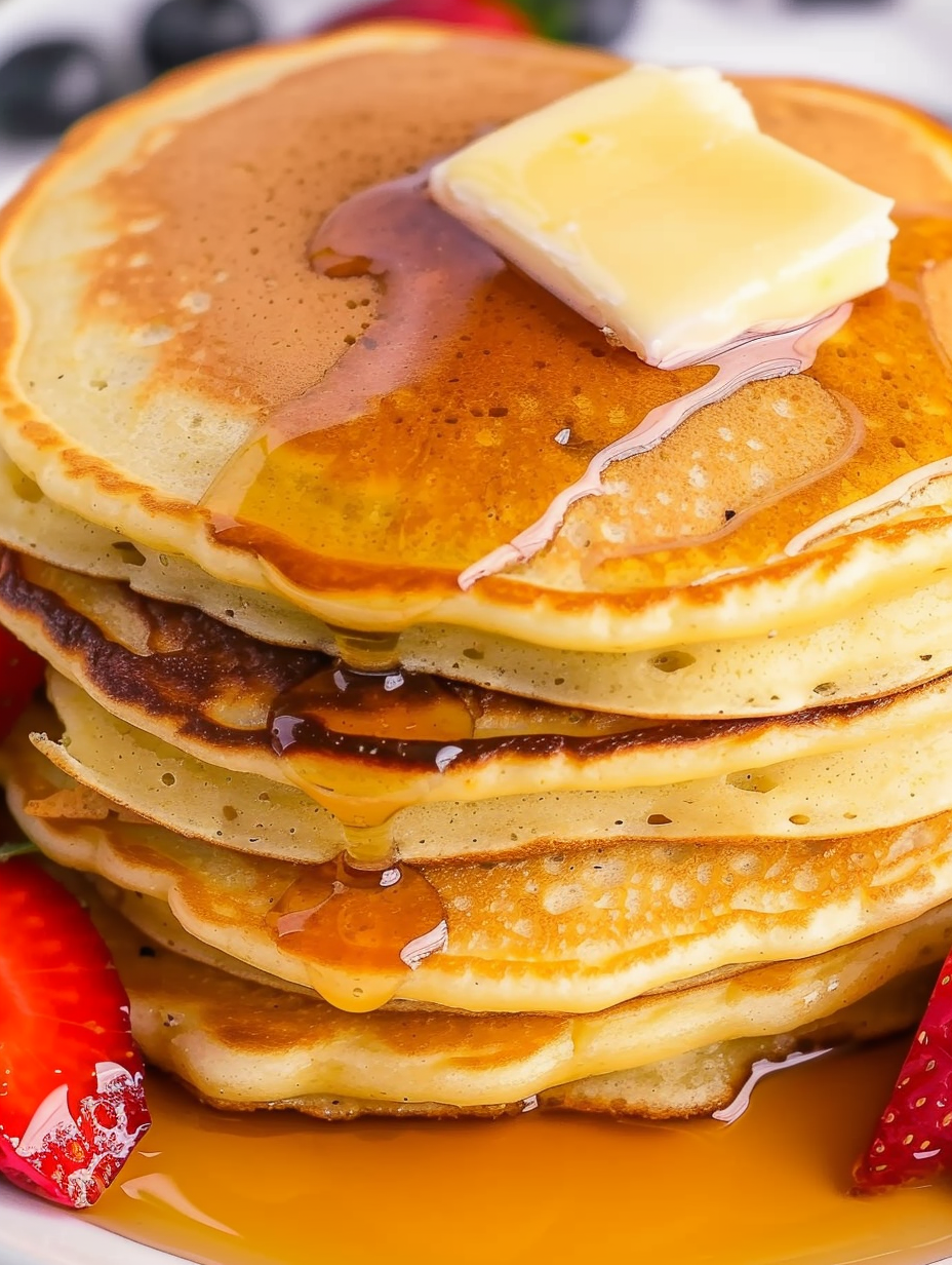 Tall stack of fluffy pancakes being served