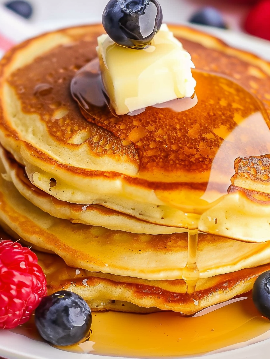 Close-up of a single fluffy pancake with butter melting on top