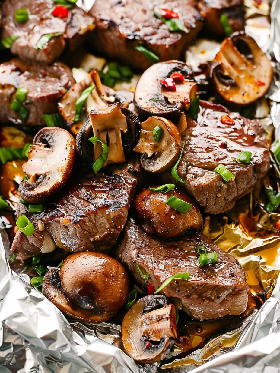 Steak and mushrooms foil pack on grill