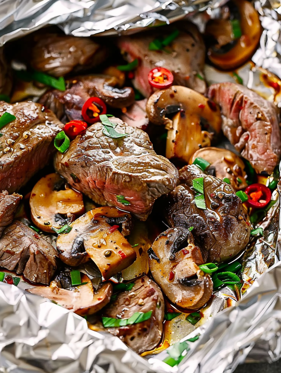 Opened foil packet with steak bites and mushrooms