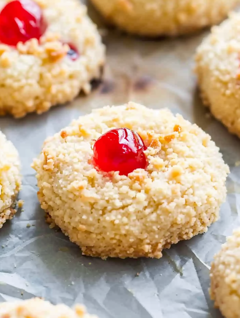 Close-up of a cookie with a maraschino cherry on top