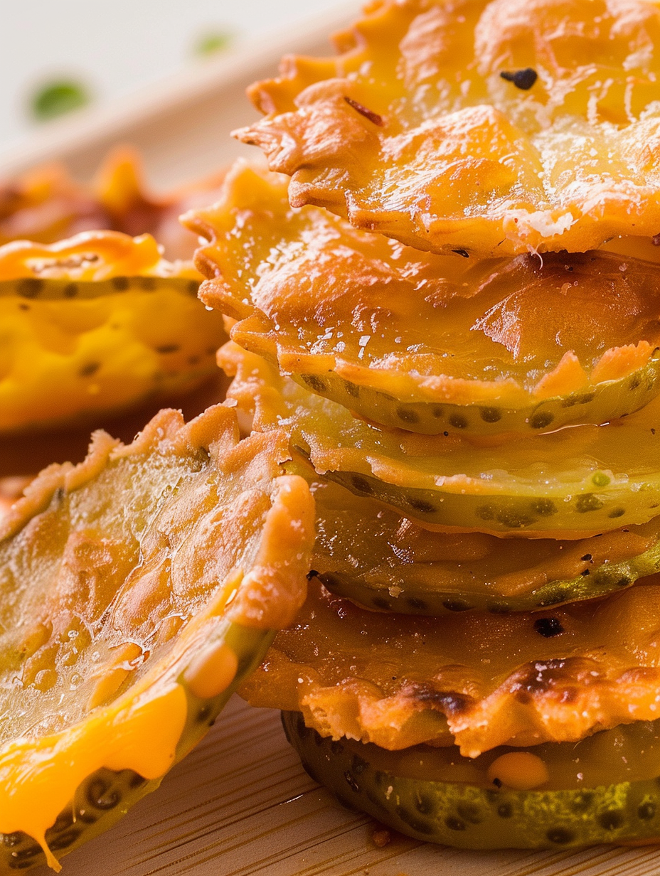 Close-up of crispy melted cheese around pickle chip