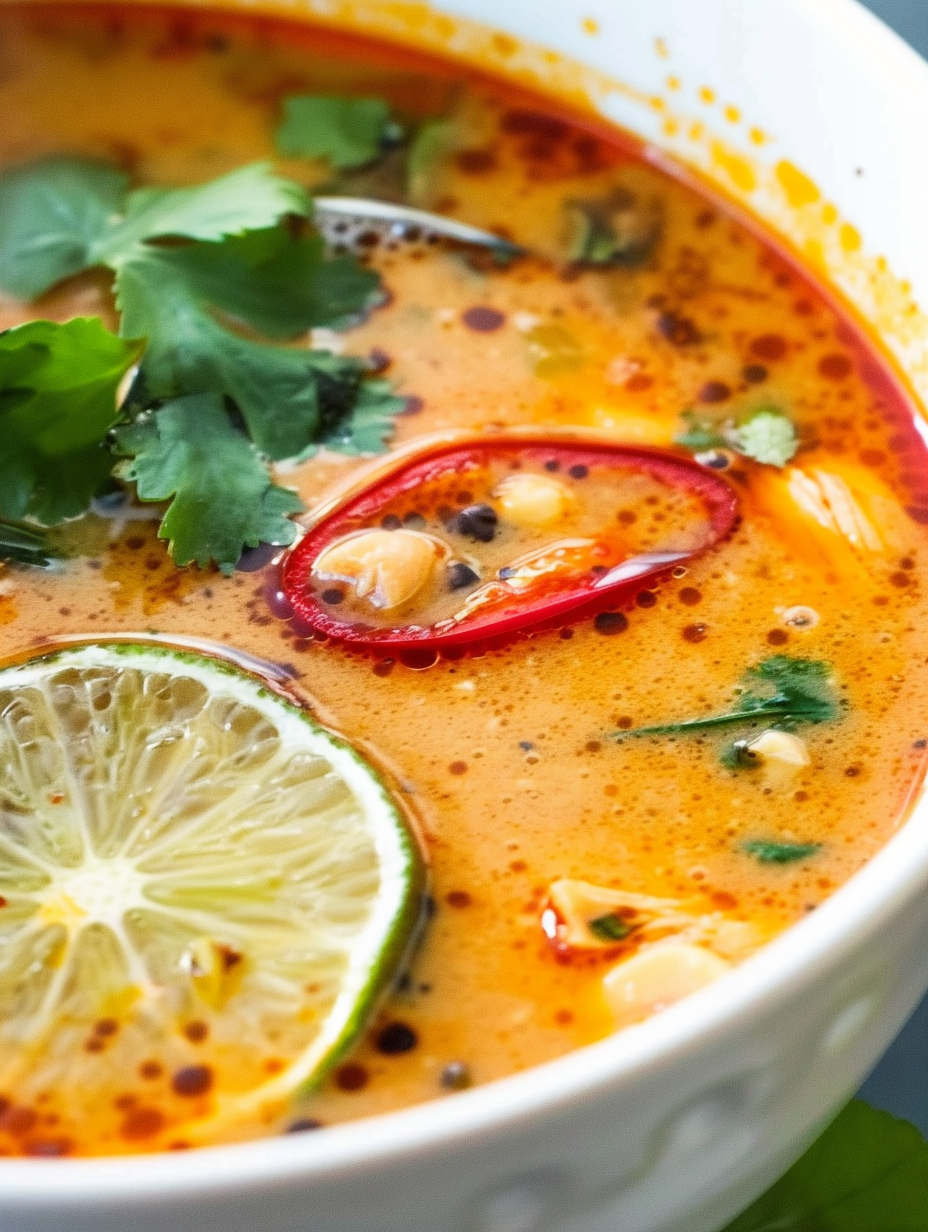 bowl of thai chicken soup with cilantro and peanuts