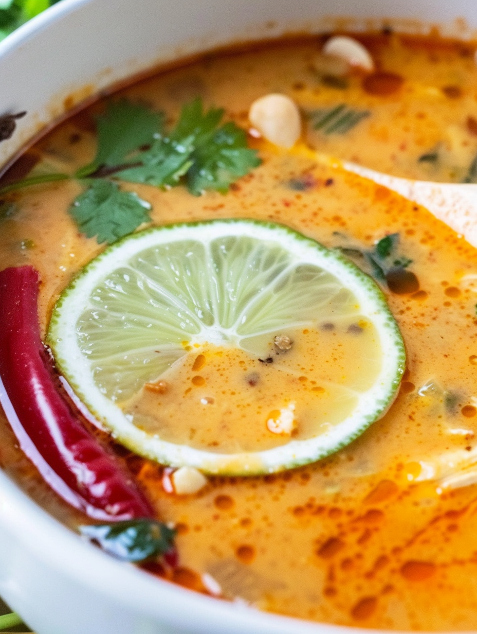 close up of spoon scooping thai coconut peanut soup