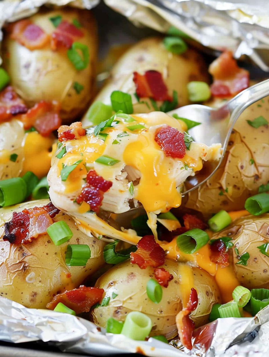 Chicken and potato foil pack opened on a baking sheet