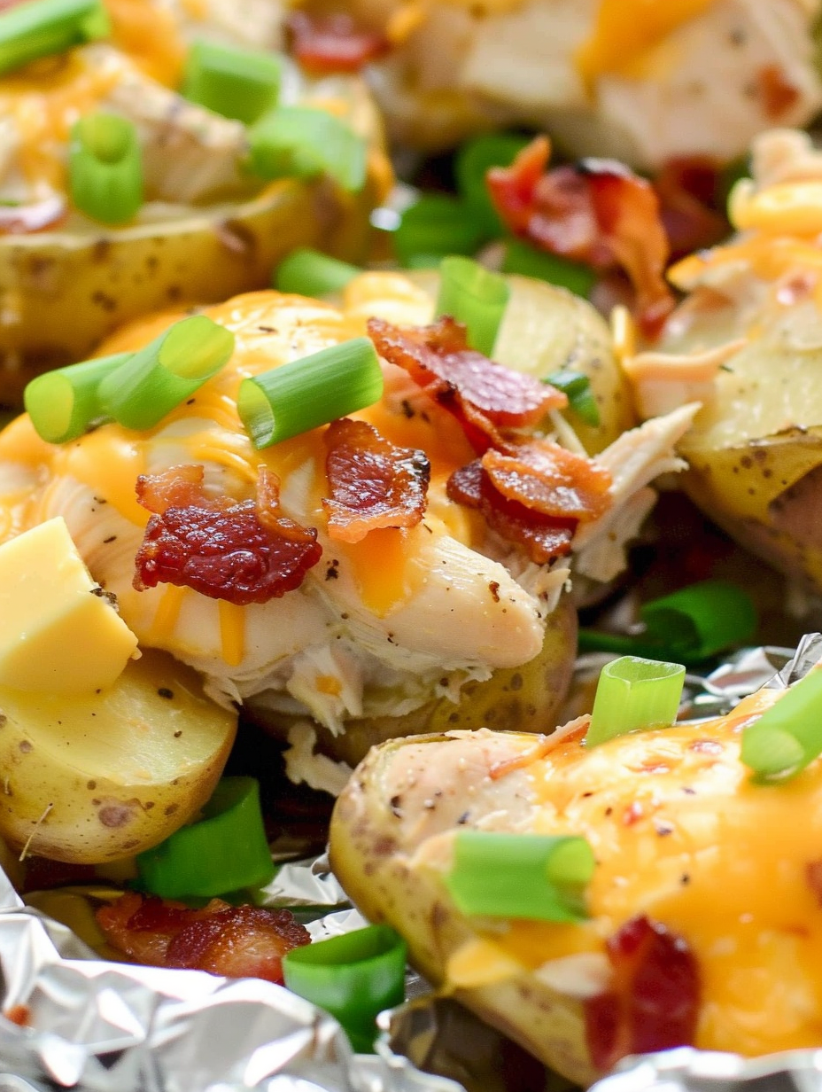 Close-up of melted cheese and bacon on chicken and potatoes