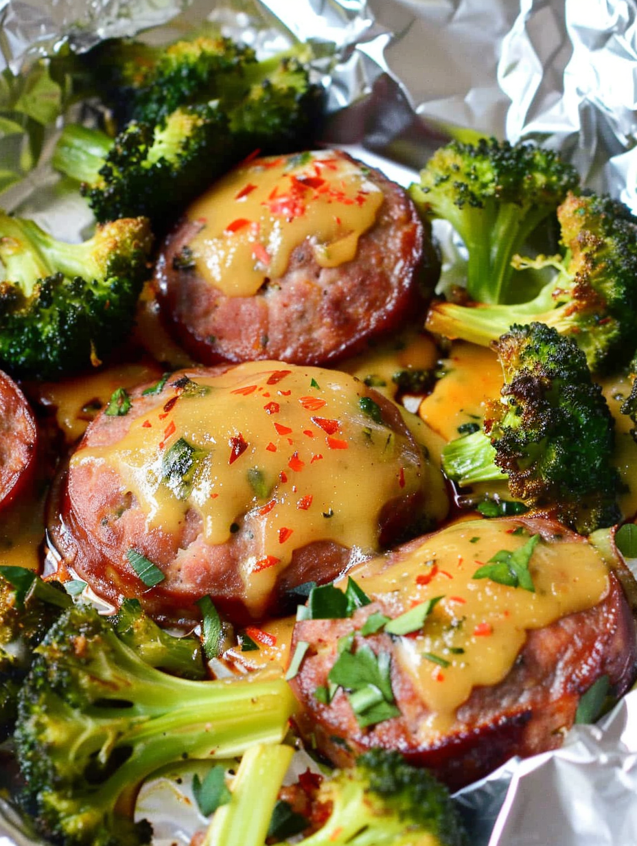 Sausage and broccoli foil packets on baking sheet