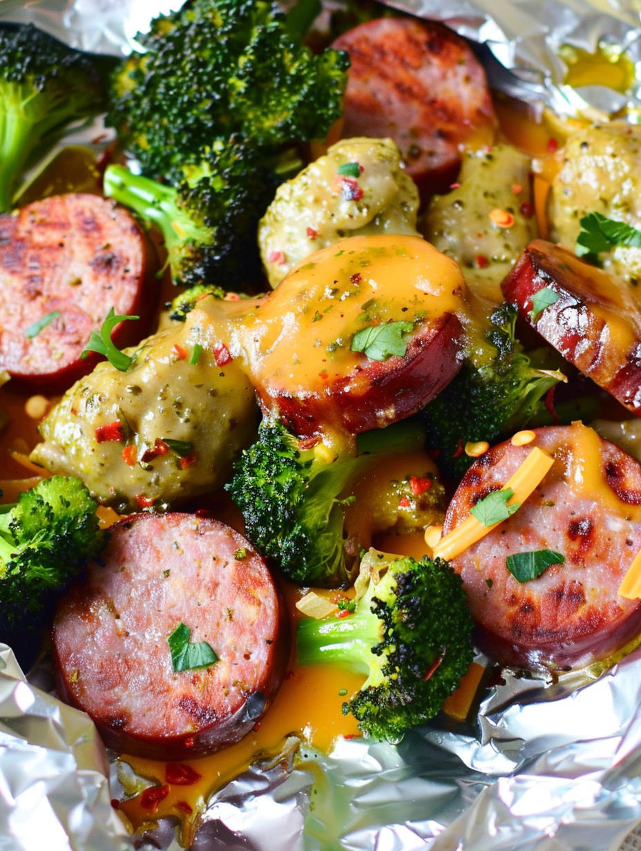 Forkful of sausage and broccoli from a foil packet