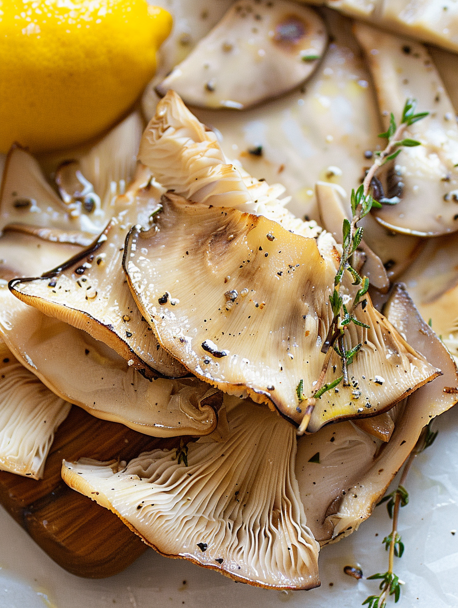 Searing king oyster mushroom slices in a hot frying pan