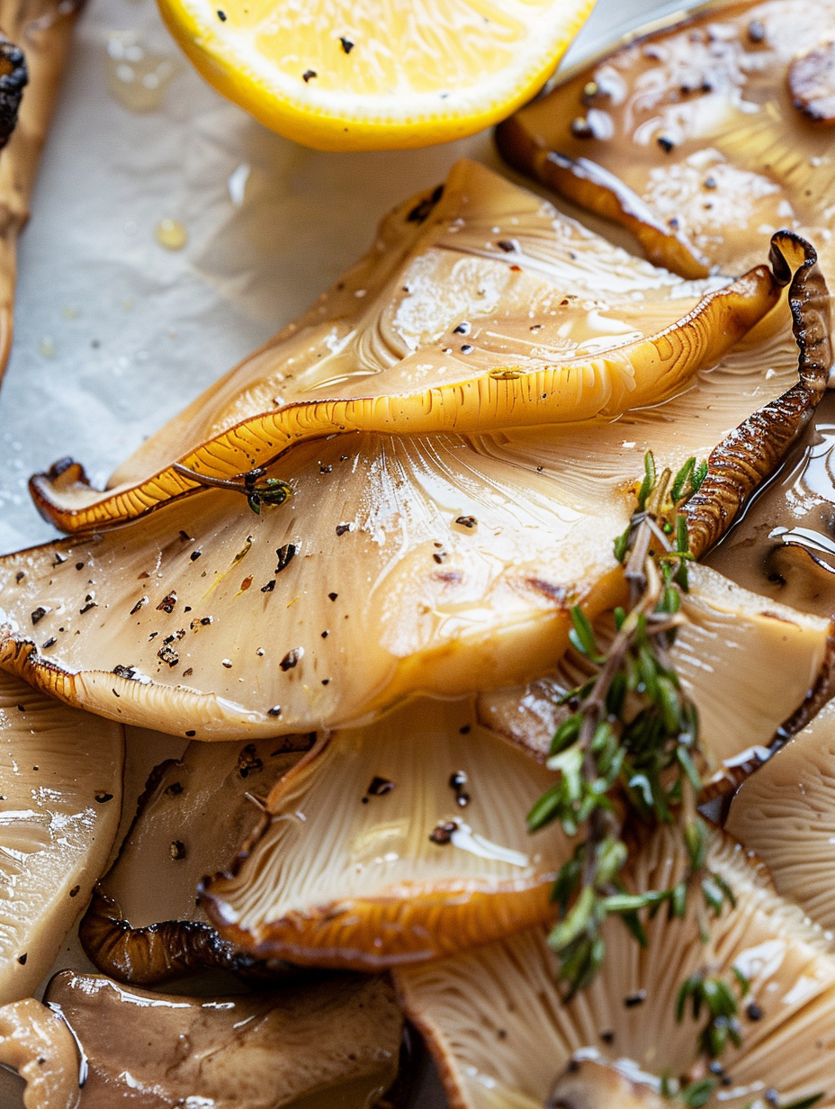 Finished lemon thyme king oyster mushrooms plated and garnished