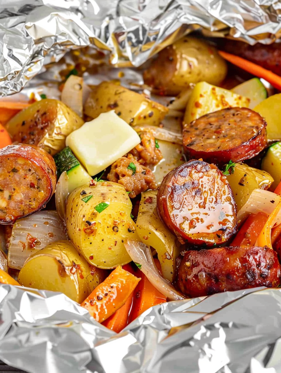 Air Fryer Sausage foil packets with roasted veggies