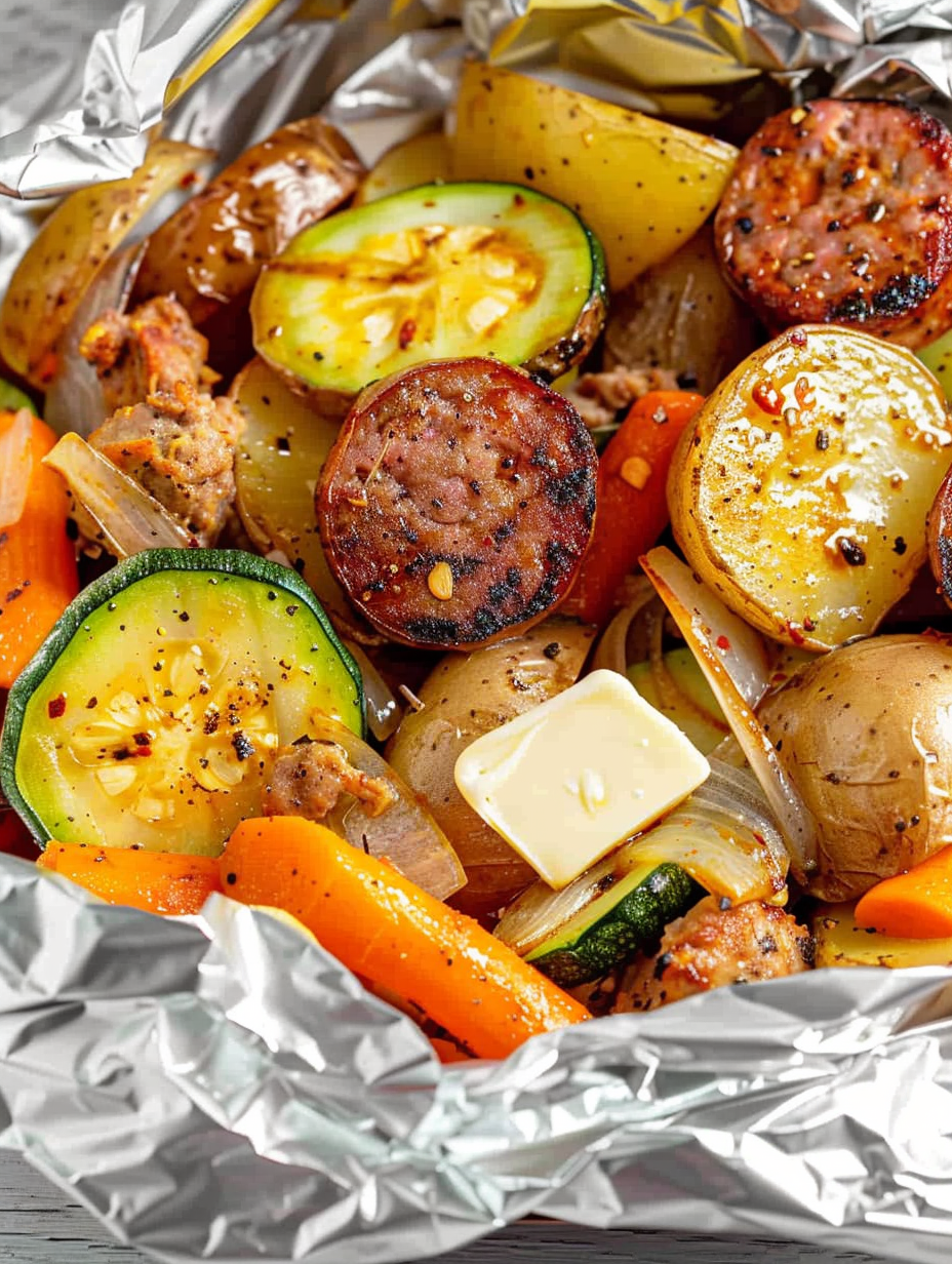Close-up of sausage and vegetables in foil packet