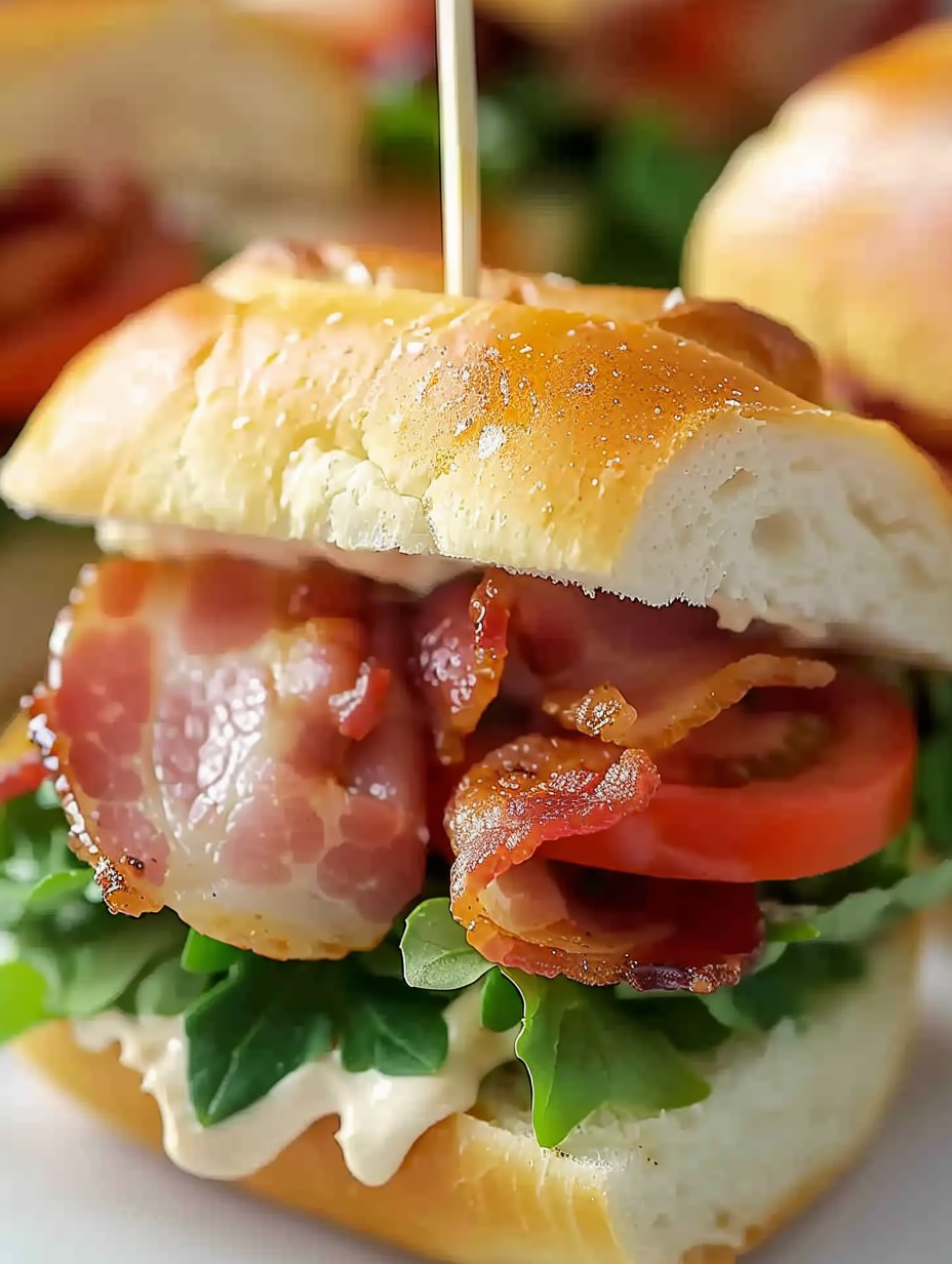 Close-up of BLT sliders with melted cheese option