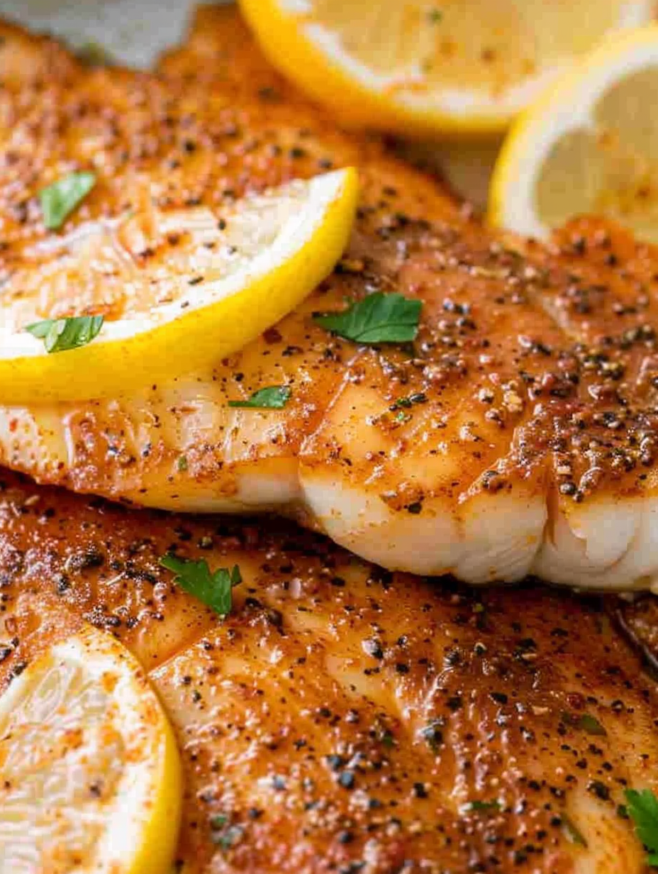 Air fried tilapia plated with lemon and parsley