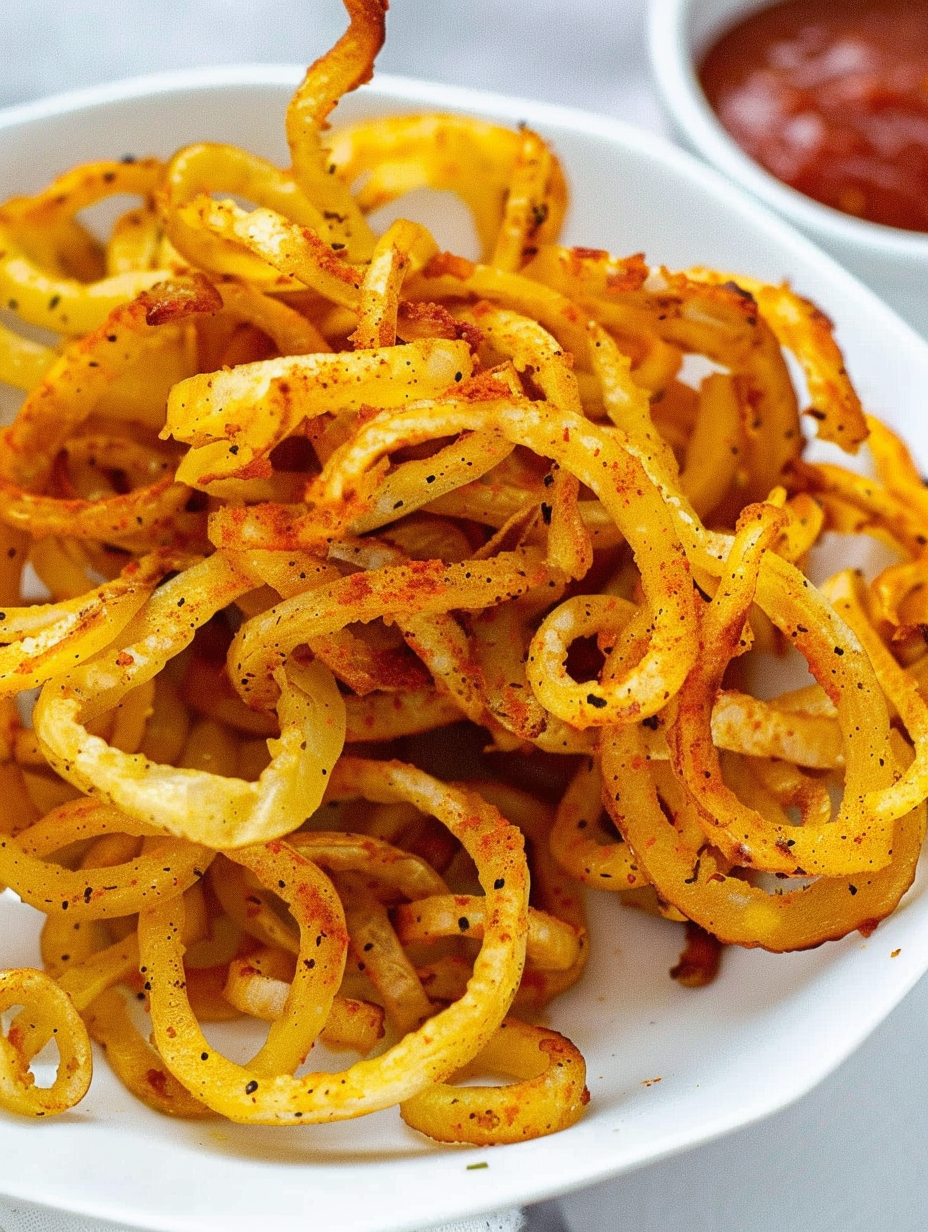 Close up of seasoned curly fries