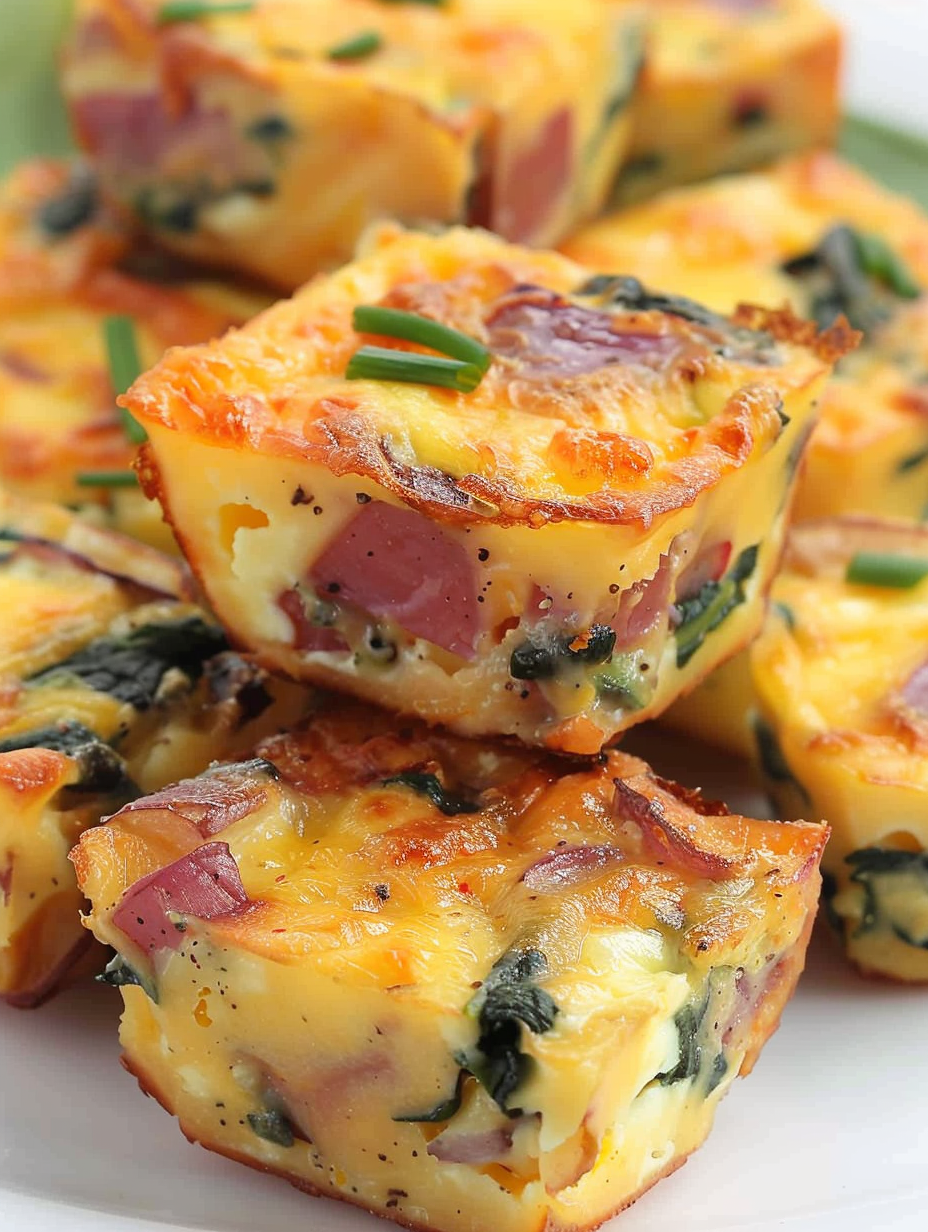 Close-up of a baked egg cup topped with chives