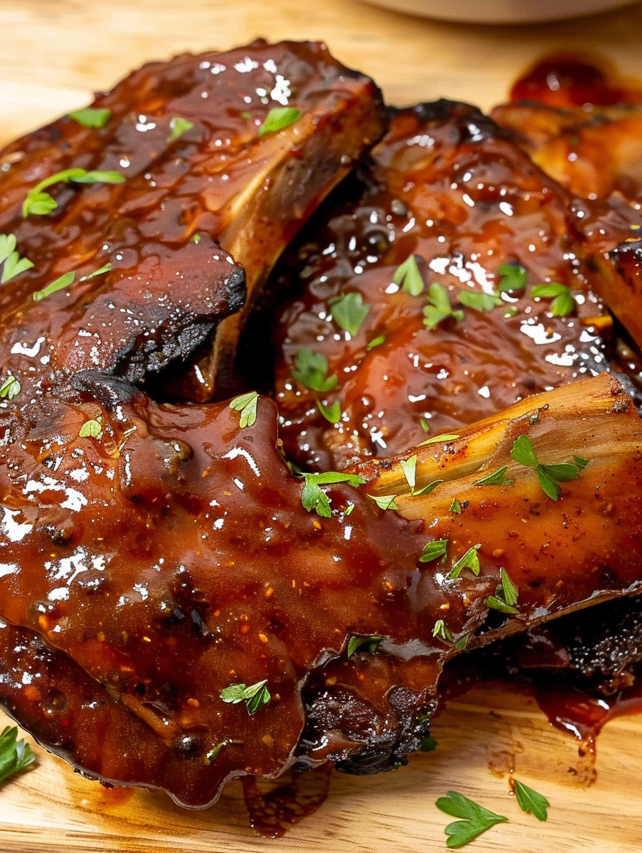 Close up of sauced air fryer ribs on a serving board