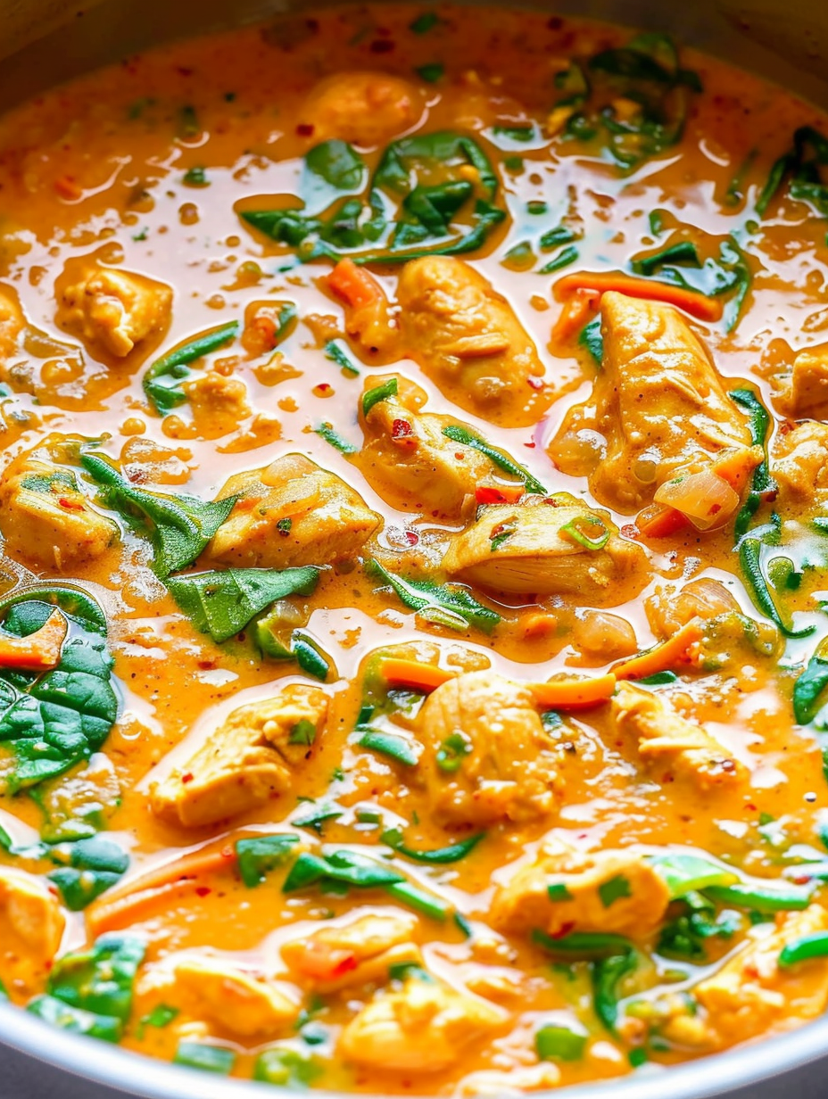 Thai chicken coconut curry simmering in a skillet