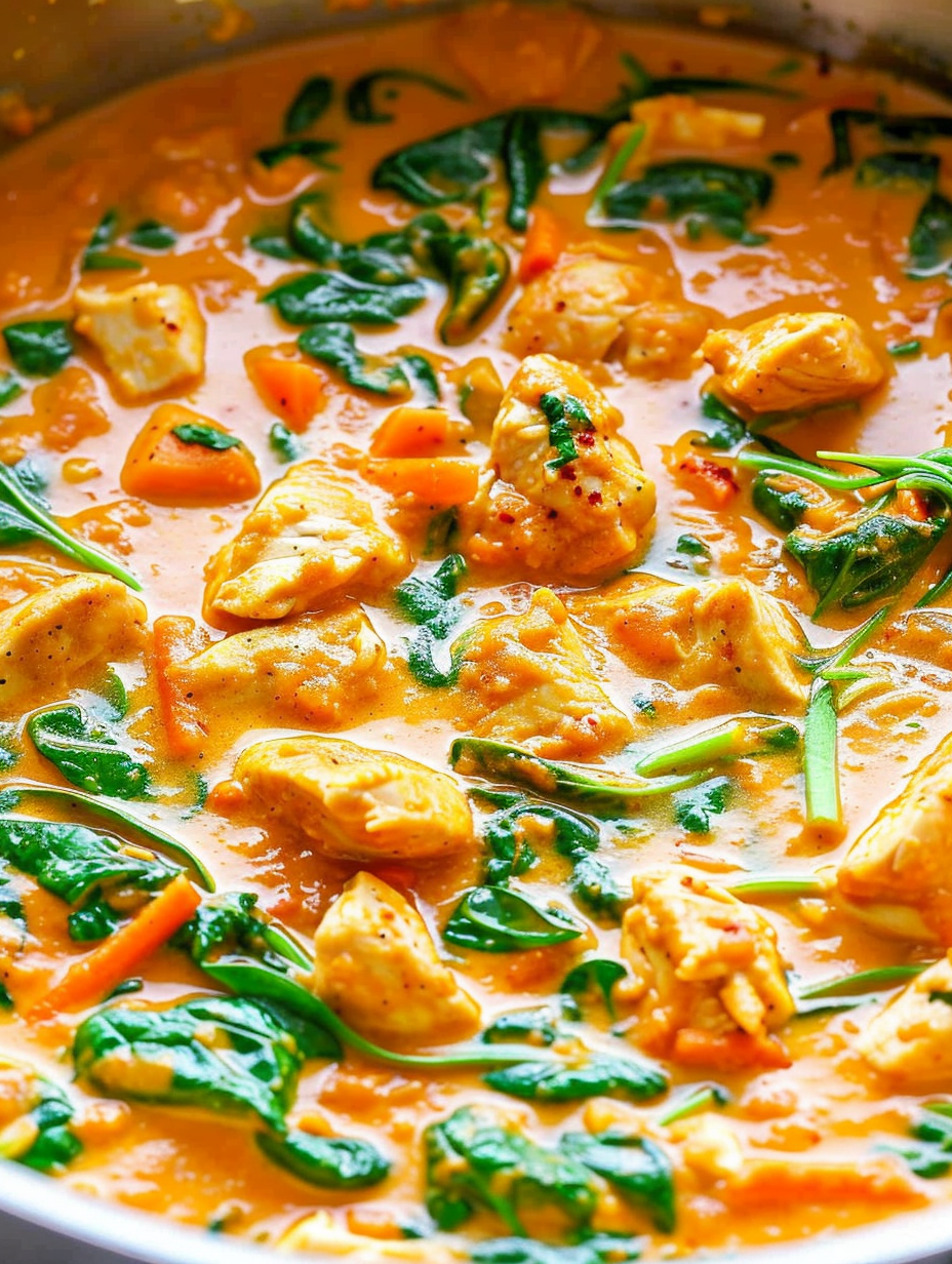 Plated Thai chicken coconut curry with cilantro garnish