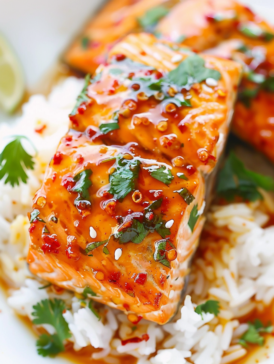 Pan seared salmon finished on a white platter with glaze brushed on top