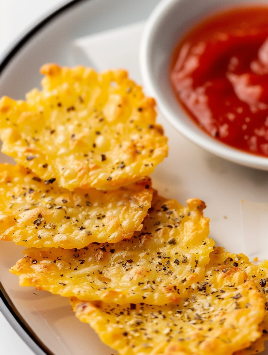 Cheese crisps stacked on a cutting board