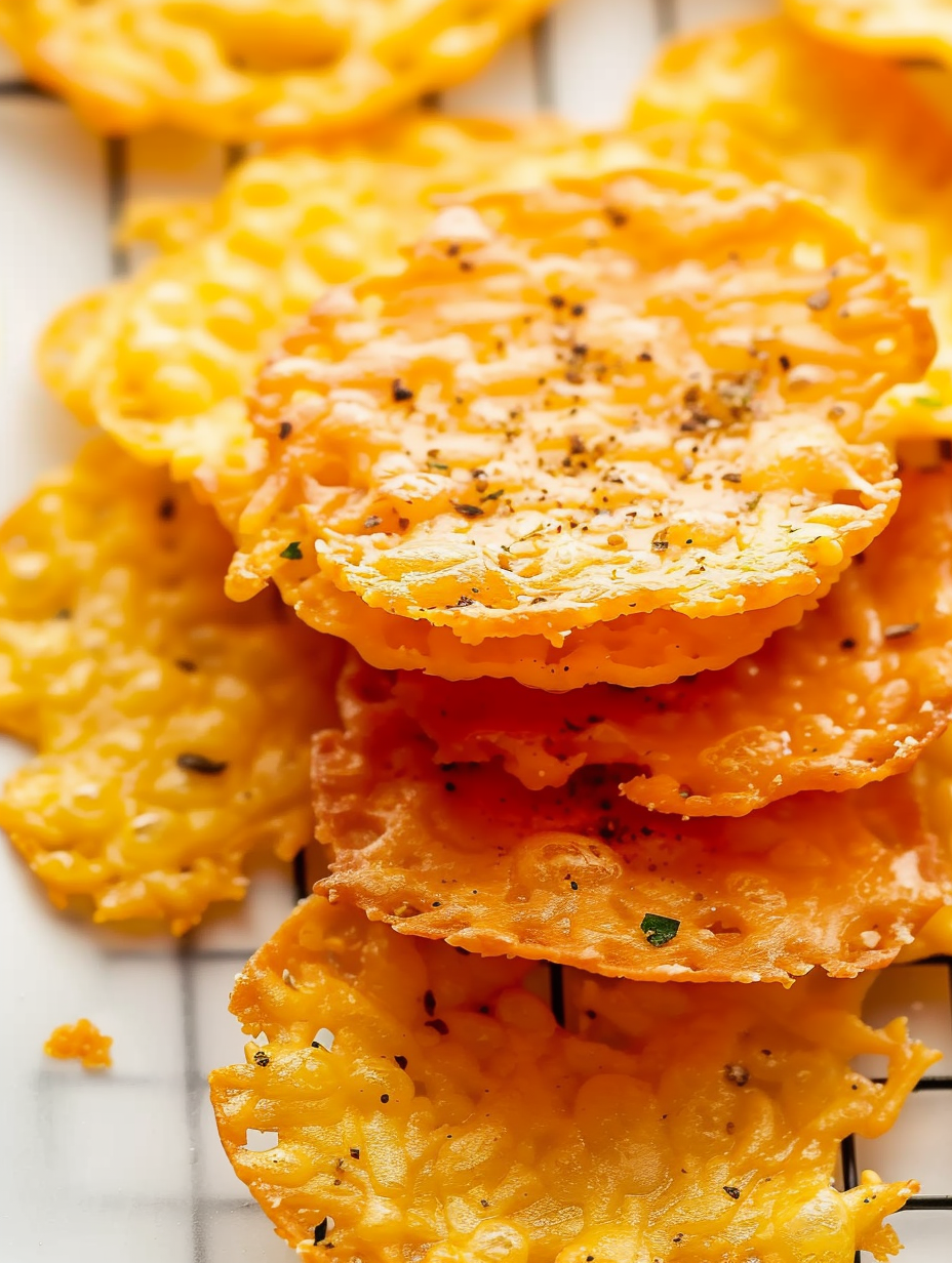 Close-up of baked cheese crisps on parchment