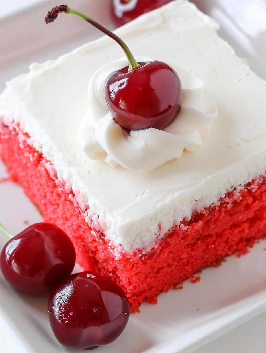 Slice of cherry sheet cake with almond frosting
