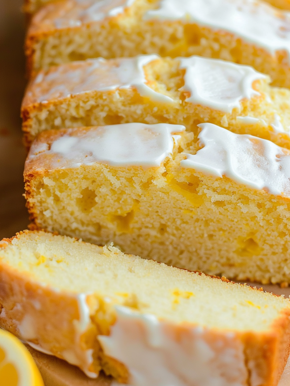 Slice of lemon loaf served on a plate