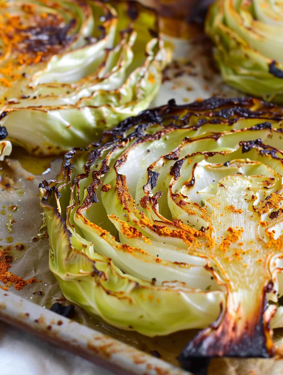 Cabbage steaks on a sheet after roasting