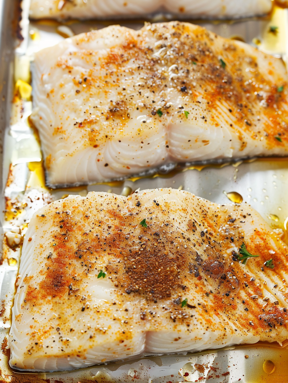 Baked white fish on a baking sheet
