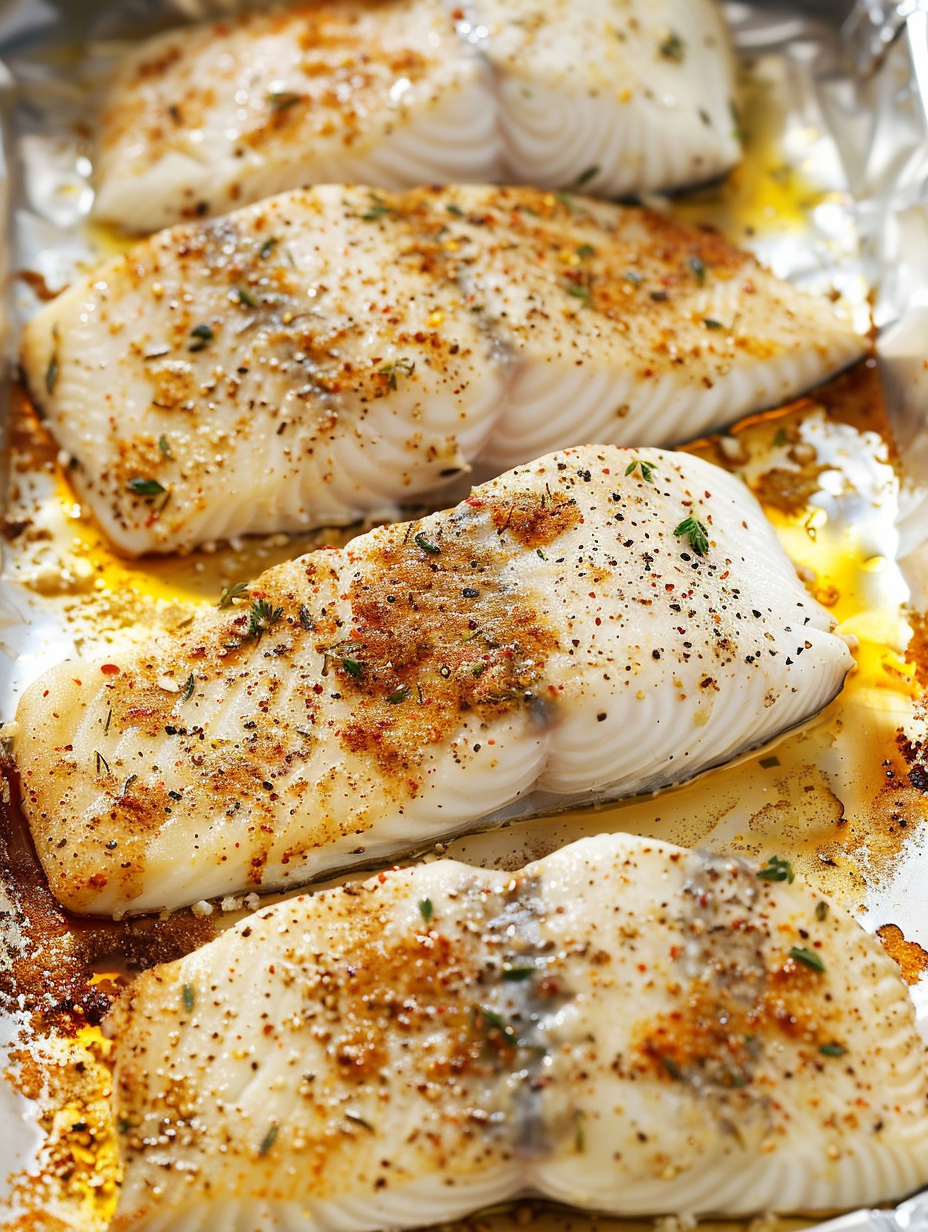 Close-up of flaky baked white fish with lemon