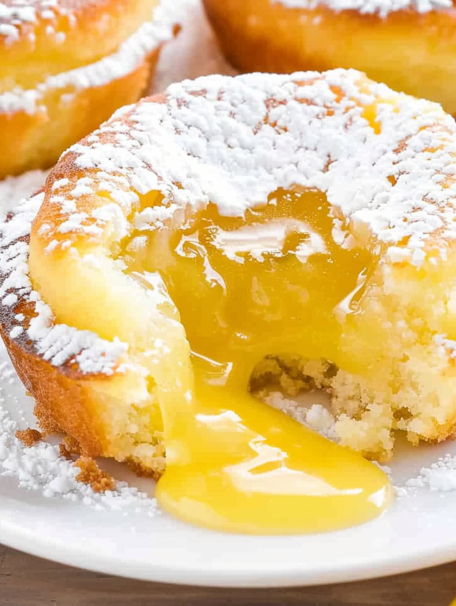 Lemon lava cake with molten center pouring onto a plate