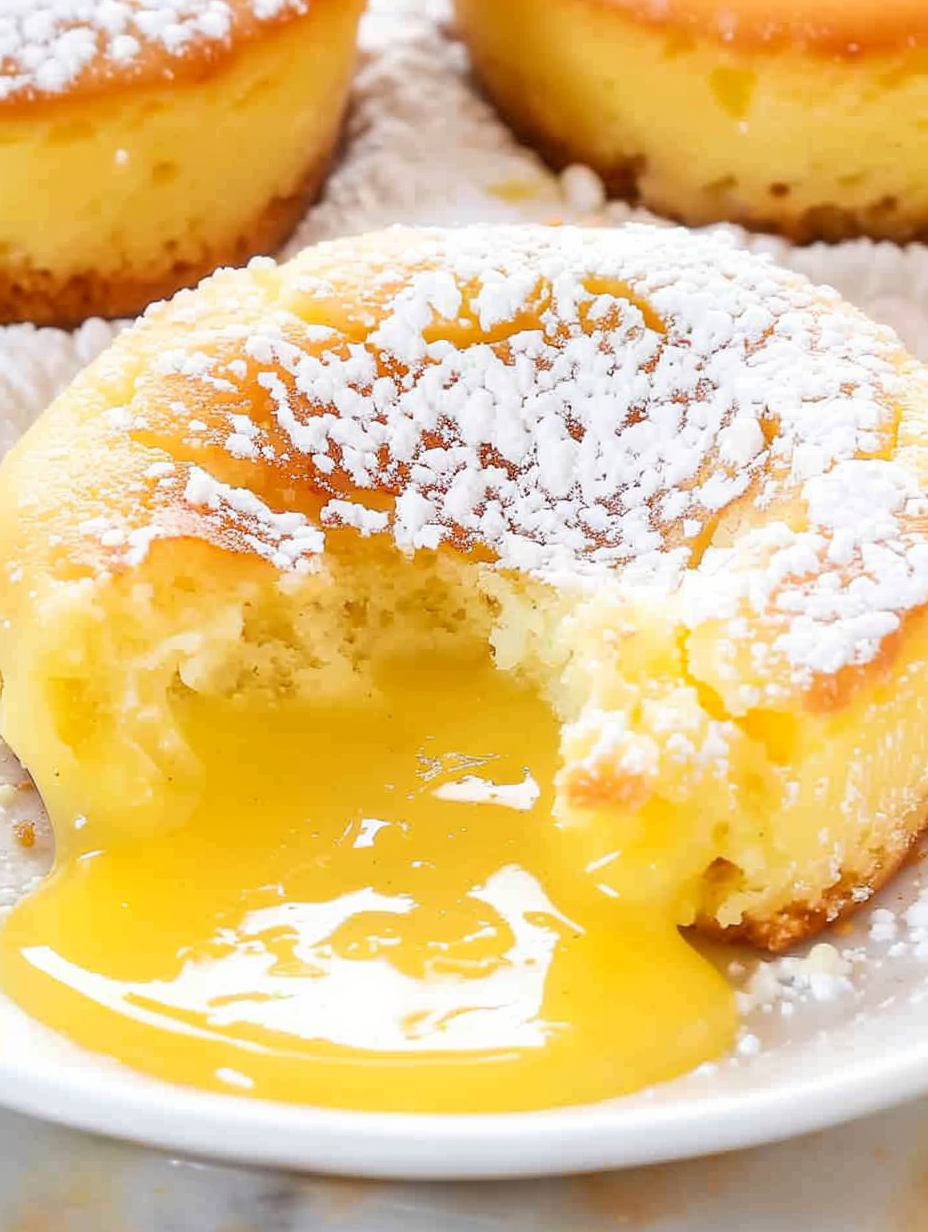 Two lemon lava cakes plated with powdered sugar and a lemon wedge