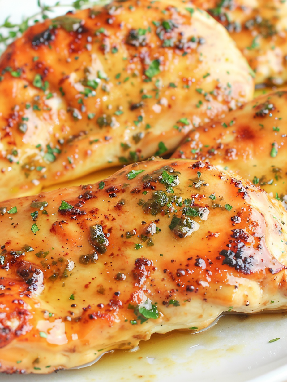 Baked honey mustard chicken plated with garnish