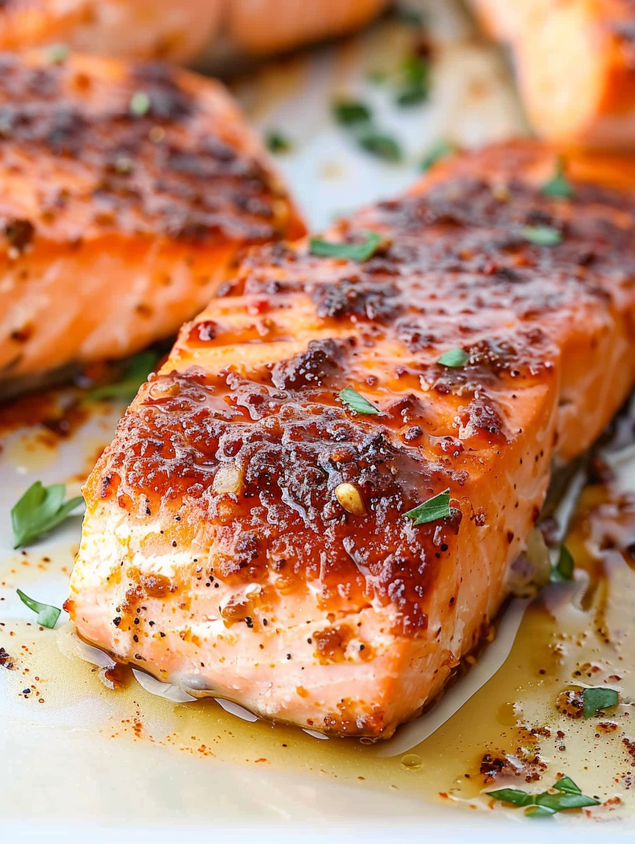 Air fryer salmon on a plate with lemon