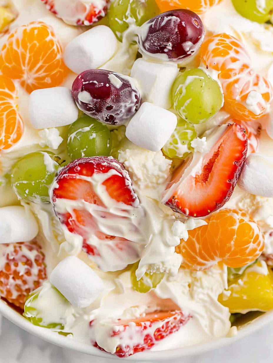 Creamy pudding fruit salad in a glass bowl