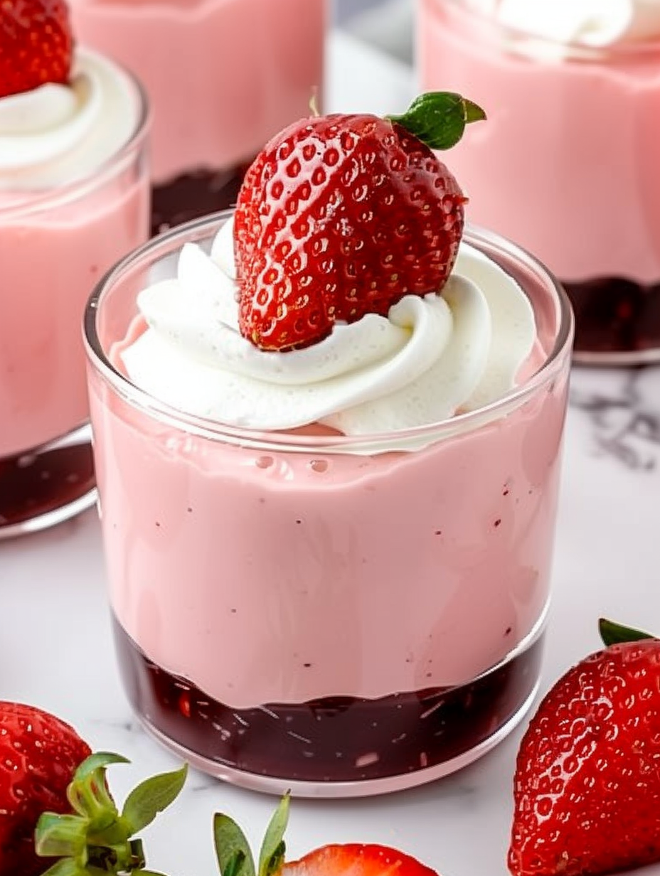 Strawberry mousse in a glass with whipped cream
