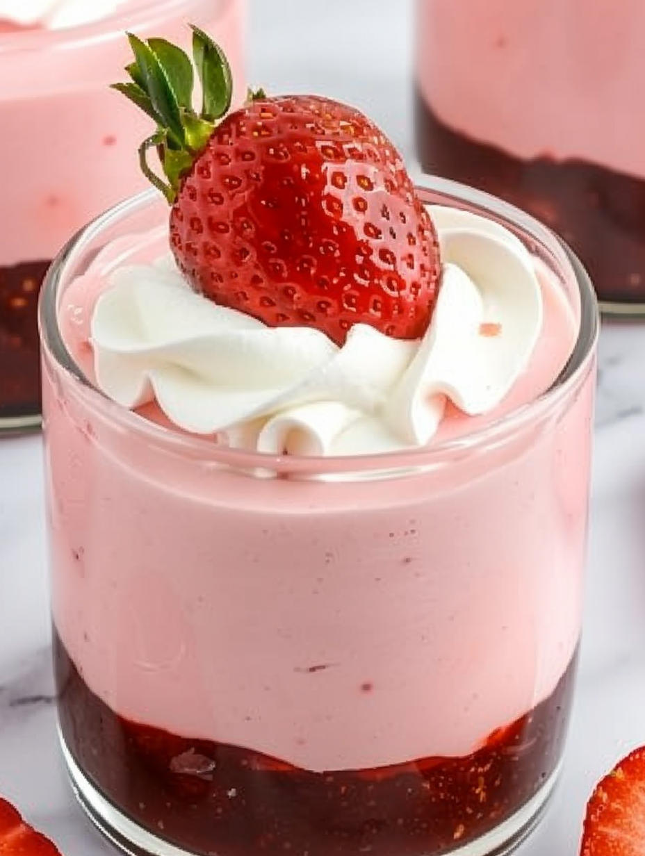 Close-up of strawberry garnish on mousse