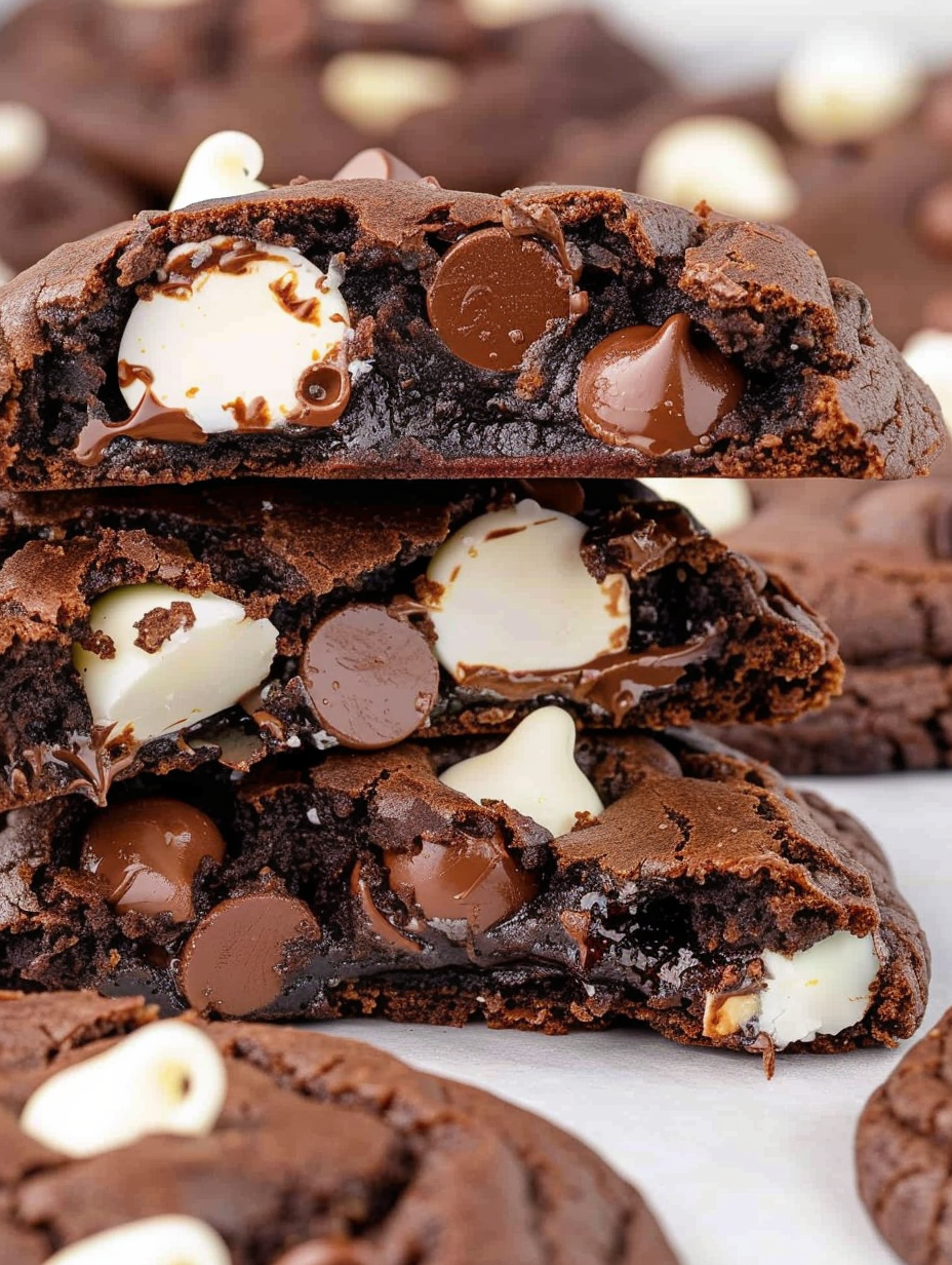 Tray of freshly baked triple chocolate cookies