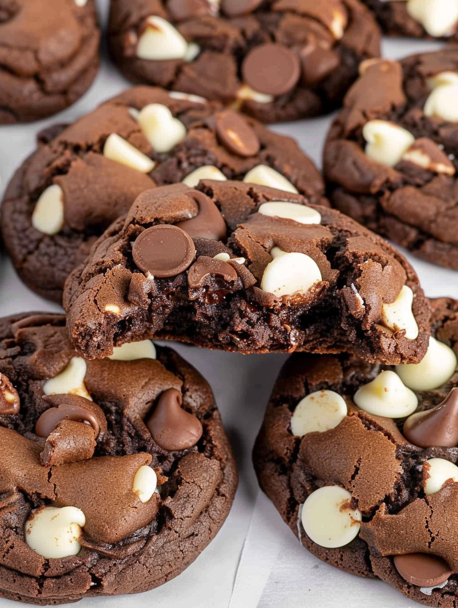 Close-up of a broken triple chocolate cookie showing gooey center