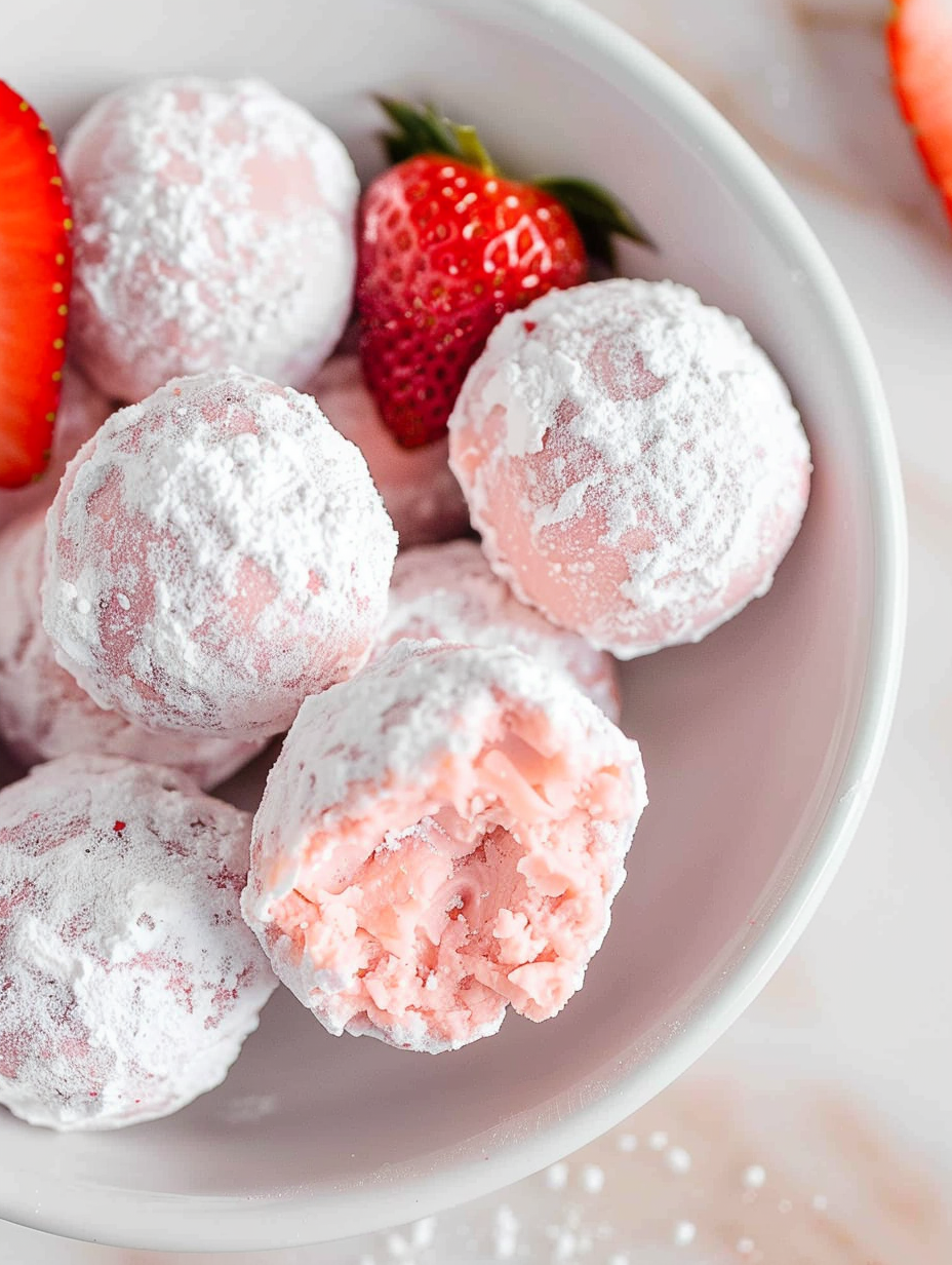 Close-up of a strawberry truffle being dusted with powdered sugar