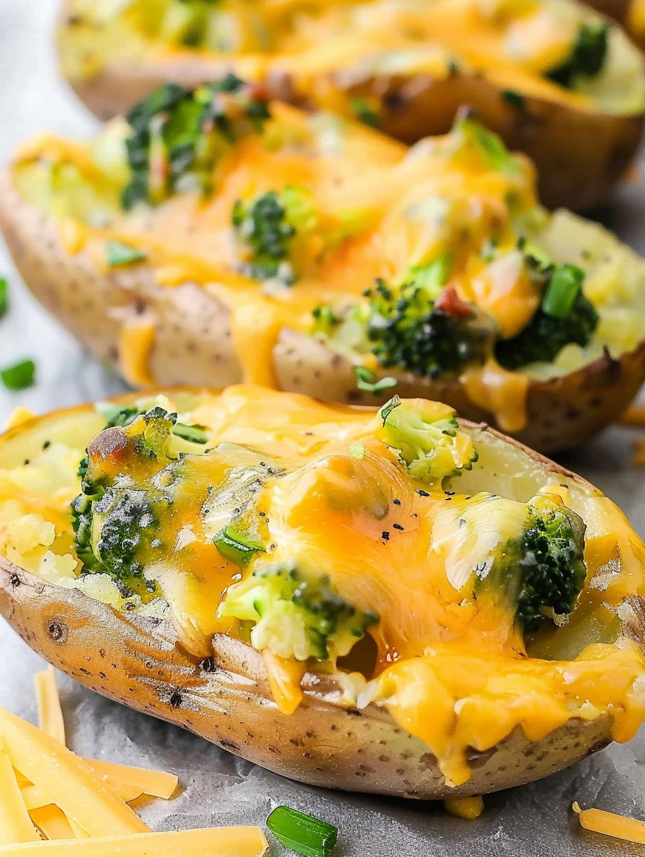 Broccoli and Cheddar Potato Skins on a parchment-lined baking sheet