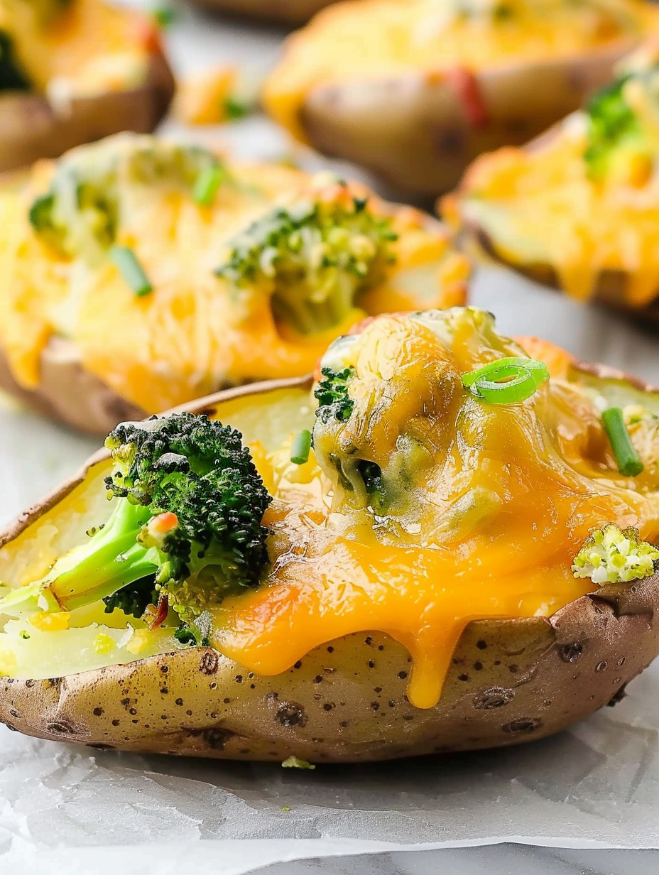 Close up of a stuffed potato skin with melted cheddar and green onion
