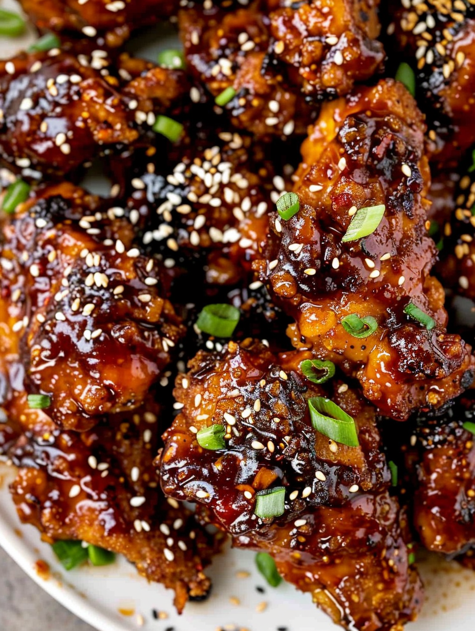 Baked Korean chicken strips on a baking sheet with glaze