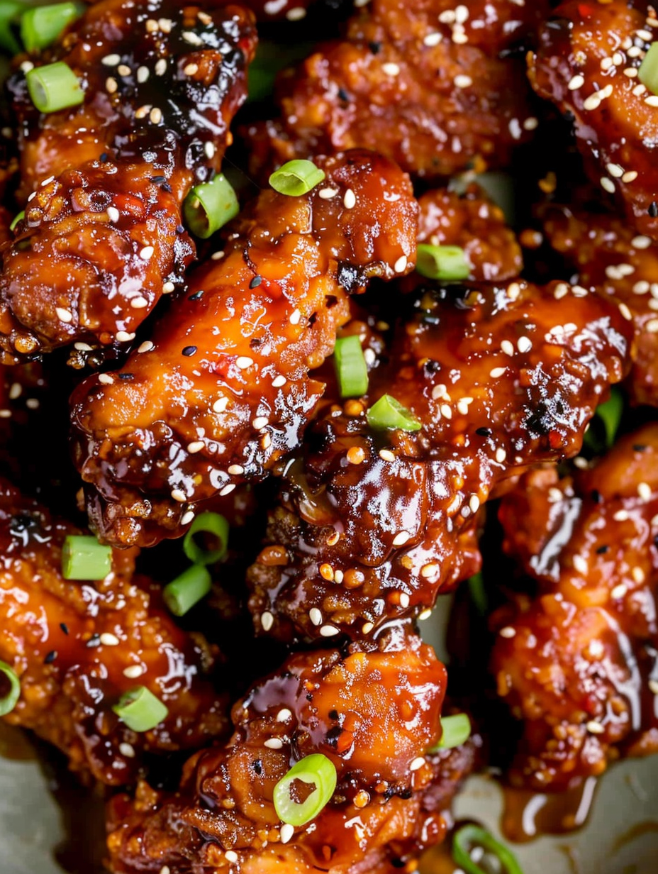 Plated Korean chicken strips with sesame seeds and green onions