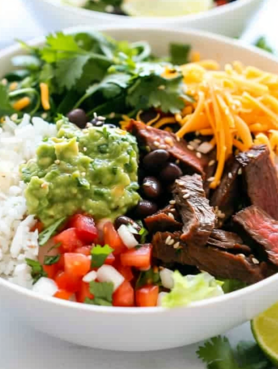 Finished steak burrito bowl with cilantro and lime